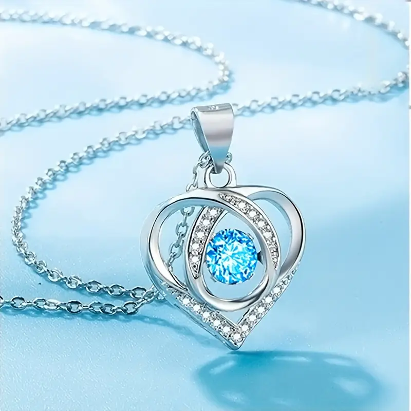 925 Sterling Silver Heart Shaped Necklace Stylish Jewelry Sparkling Heart Design Paved Shining Zirconia Blue