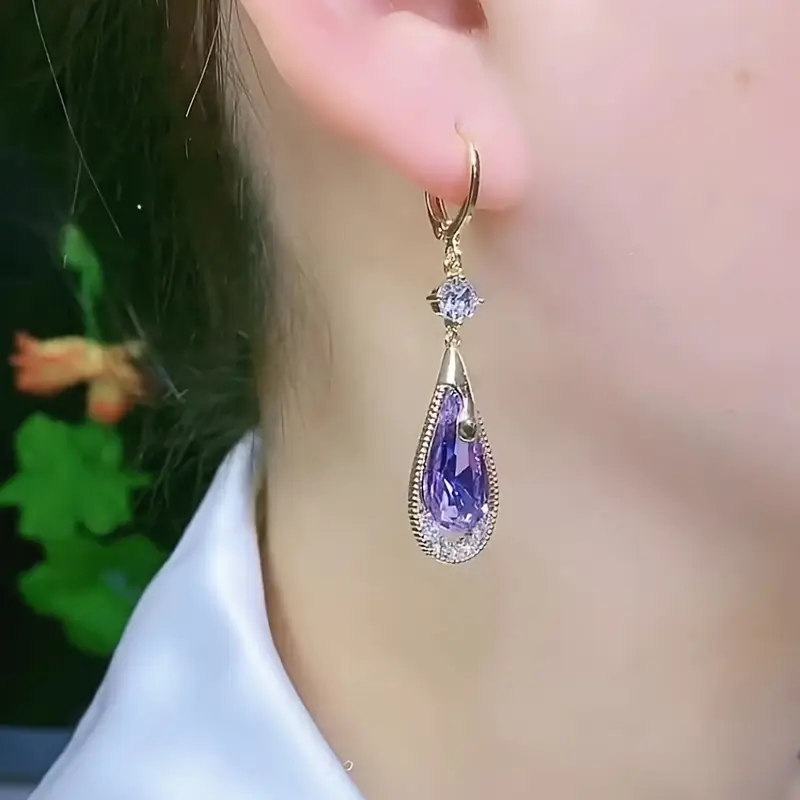 1 Pair Of Fashionable Purple Artificial Crystal Water Droplet Shaped Hollow Earrings for Women