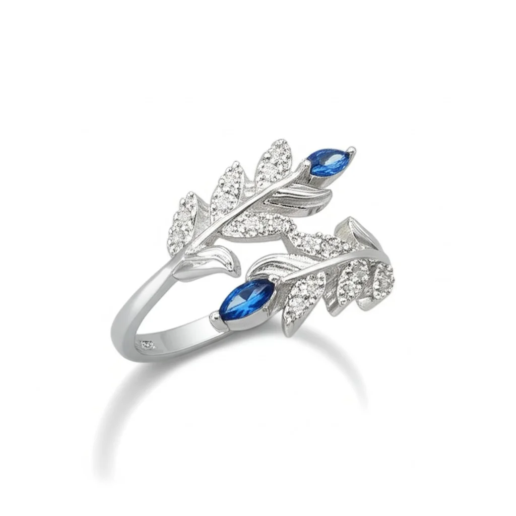 Lab Blue Sapphire Ring Leaf Marquise Floral Statement Ring 925 Silver Cubic Zirconia Pave Leaf Daily Worn Ring Sapphire Floral Gift for her